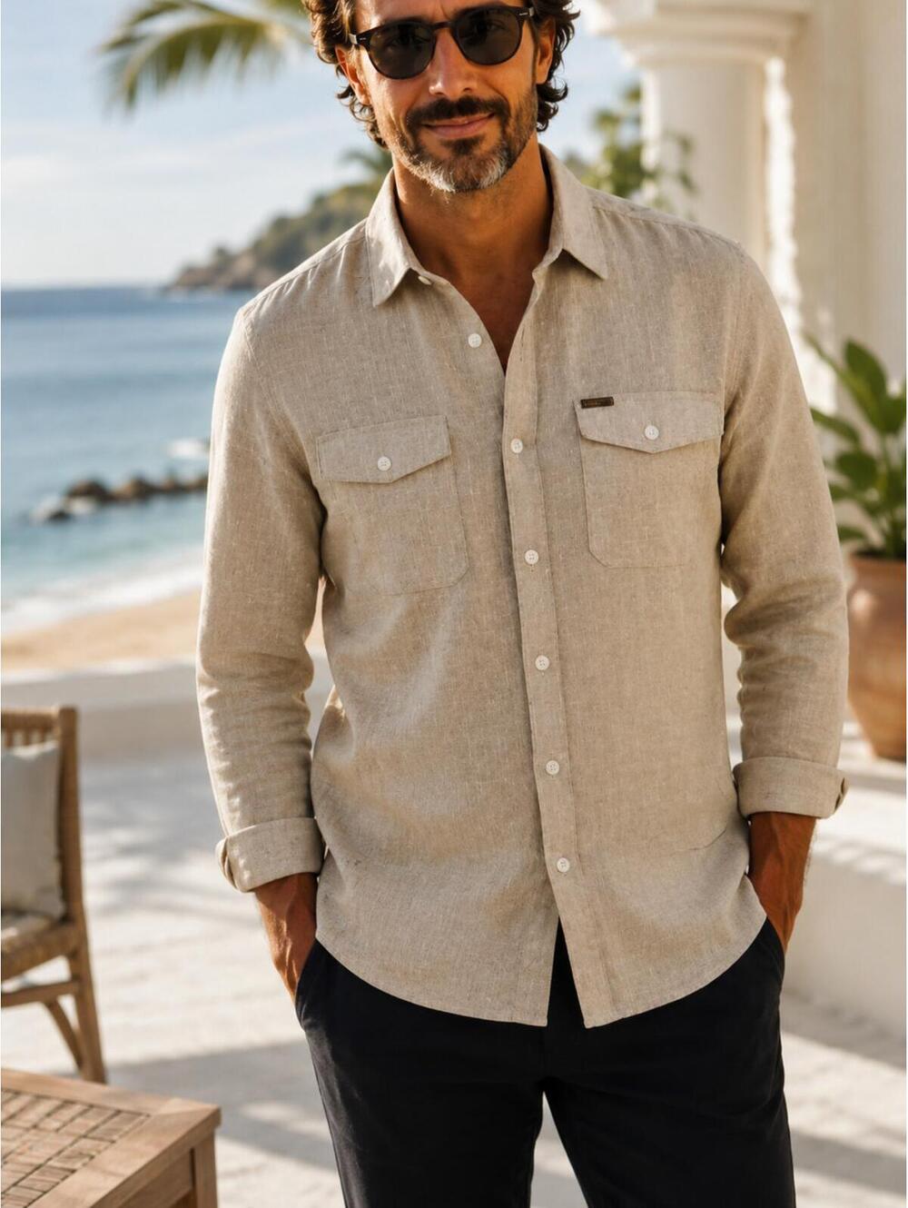 Sean John Tailored Fit 100% Linen Button Front Beige Tan Mens Long Sleeve XL